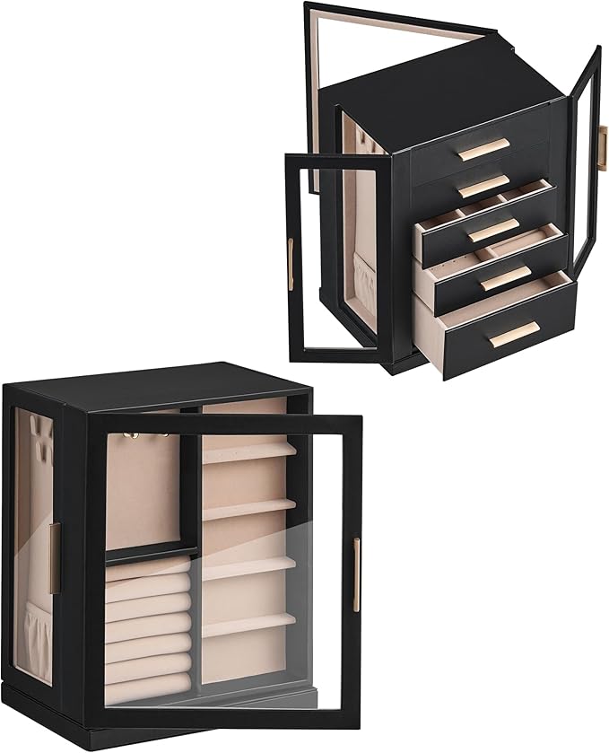 Glimmloop 360° Rotating Jewelry Box with 5 Drawers, Spacious Vertical Jewelry Organizer with Glass Window, Jewelry Storage Ca