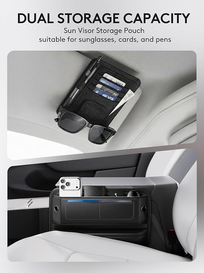 2 Pack Car Seat Gap Filler, Leather Seat Gap Organizer with Sun Visor Organizer, Front Seat Storage for Phone, Sunglasses, Cards and Keys, Fits Most Cars SUVs and Trucks