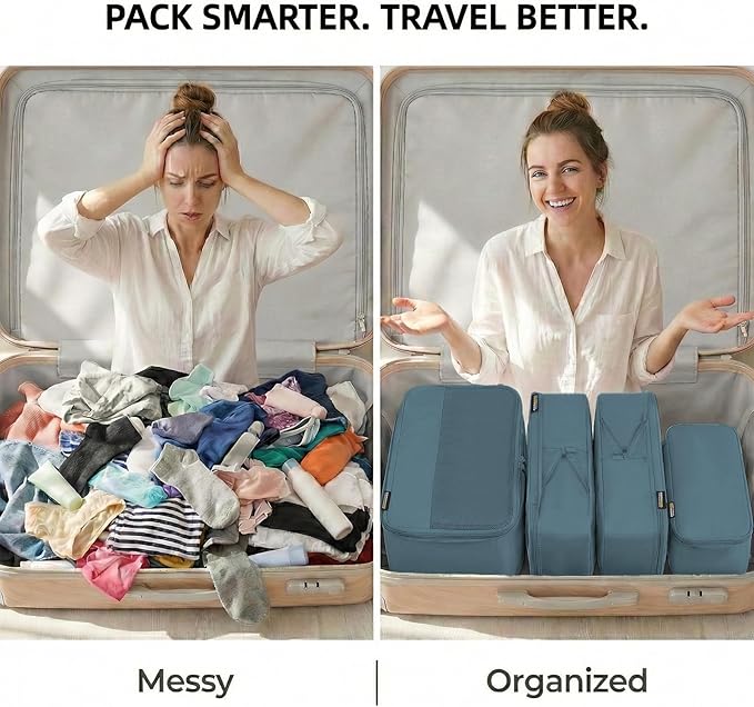 4 Piece Compression Packing Cubes for 3–7 Day Travel, Lightweight Travel Organizers with Breathable Mesh, Double-Zipper Packi