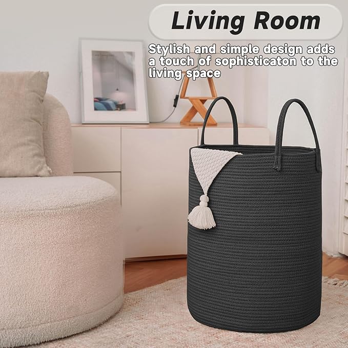 JMvicyroam Large Woven Laundry Basket Hamper,60L Cotton Rope Storage Bin for Blankets,Toys and Clothes,Decorative Tall Nurser