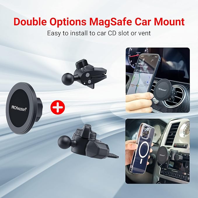 PROfezzion CD Slot & Vent Clip Combo Magnetic Phone Holder Compatible with MagSafe on Car CD Player Slot or Air Vent for iPhone 17 16 15 14 13 12 Pro Max Plus, Mag-Safe Case & All Phones