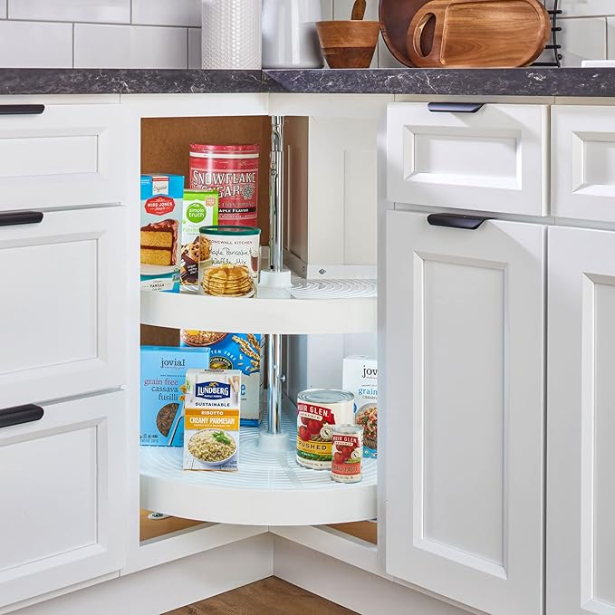 Rev-A-Shelf 28" Pie-Cut Dual Tier Lazy Susan Organizer for Corner Wall Kitchen Cabinets, Plastic Home Rotating Storage Shelve