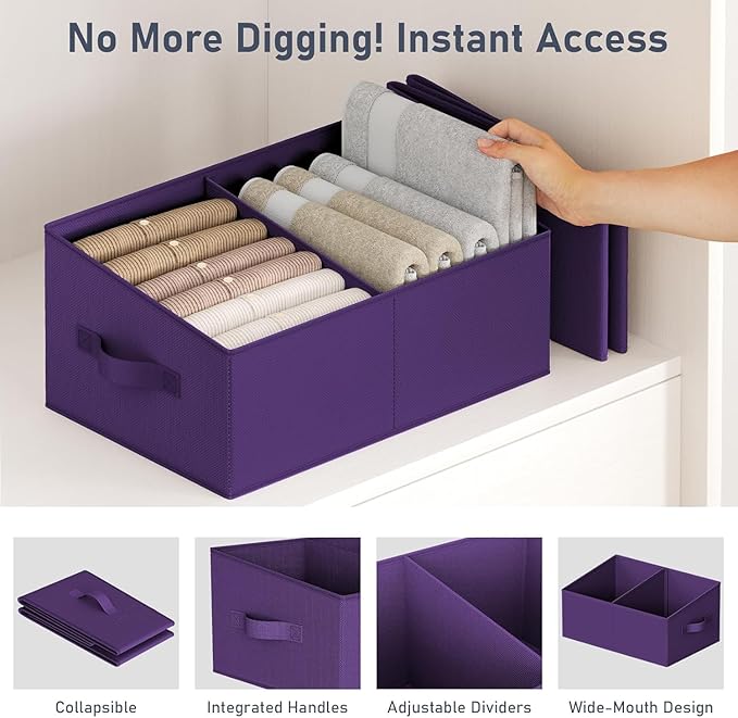 DIMJ Large Closet Shelf Organizer Bins 6 Packs with Handles and Divider, Fabric Trapezoid Storage Baskets, Foldable Clothes C