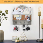 J JACKCUBE DESIGN Wall Mounted Rustic White Wash Mail and Key Holder, Wooden Floating Organizer with Mail Storage, 4 Key Hold