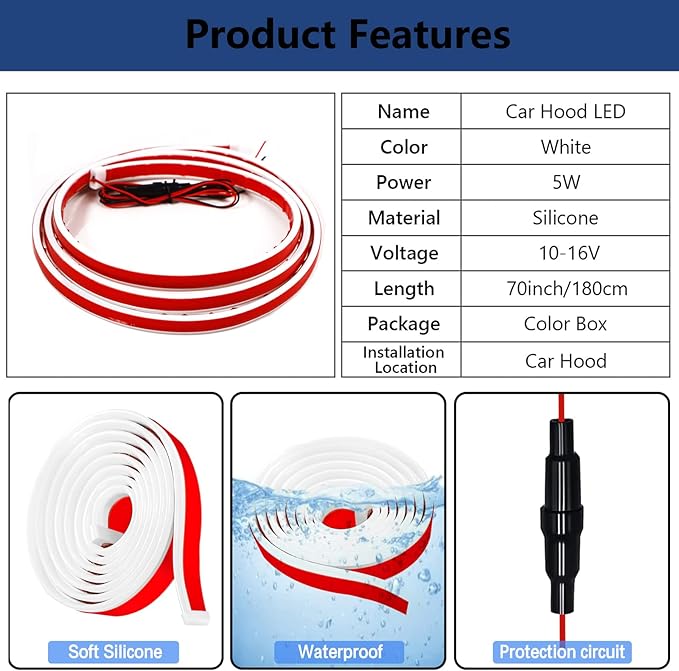 Flexible Car Hood Light Strip, 70 Inches Dynamic LED Daytime Running Light for Car, Truck, SUV,White Light, Easy to Install and Waterproof