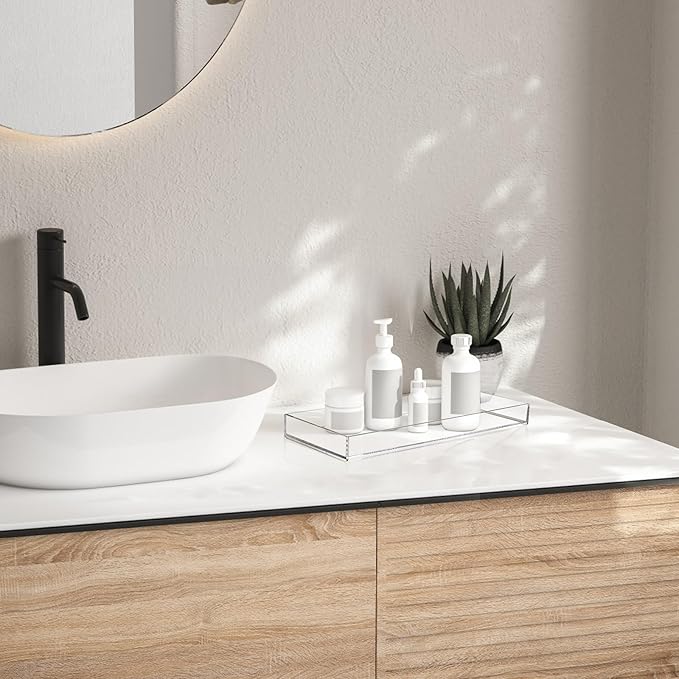 Peohud 3 Pack Acrylic Bathroom Trays, Clear Vanity Tray for Toilet Tank, Decorative Countertop Organizer for Perfume, Makeup,