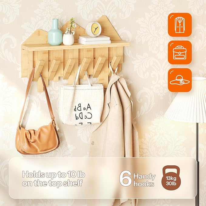 HOOBRO Wall Hooks with Shelf, Coat Rack with Shelf Wall-Mounted, Entryway Wall Key Holder, Hat Rack for Walls, Purse Hanger f