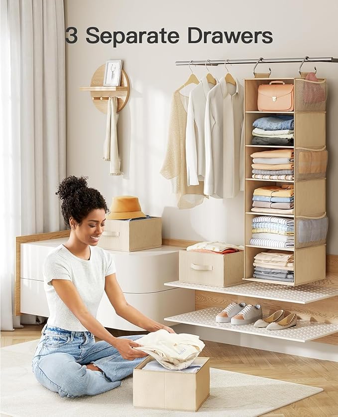 Pipishell 6-Shelf Hanging Closet Organizer, with 3 Detachable Drawers & Side Pockets, Closet Organizers and Storage for Bedro