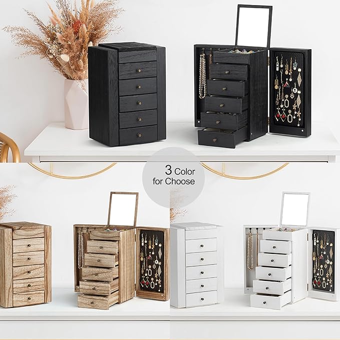 Meangood Jewelry Box Wood for Women, 6-Layer Large Organizer Box with Mirror & 5 Drawers for Rings, Earrings, Necklaces, Vint