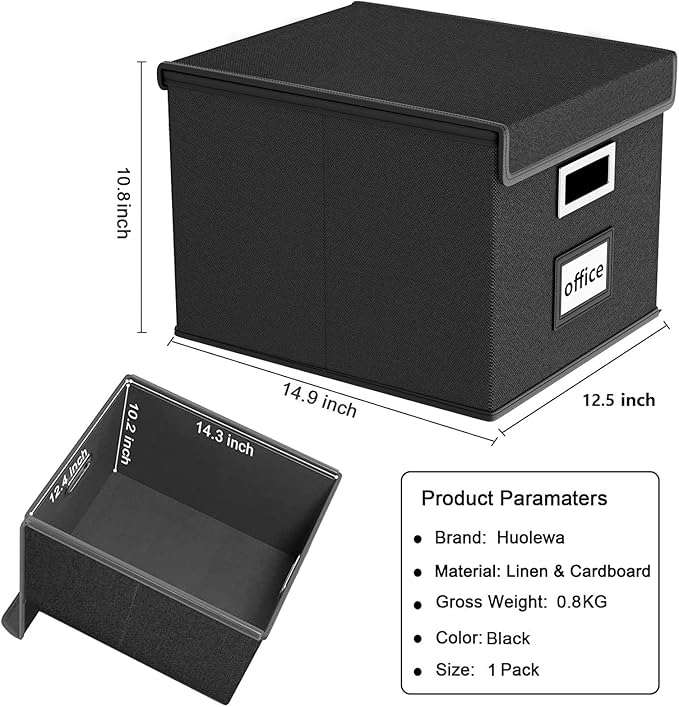 Huolewa File Organizer Box with Lid, Collapsible File Folder Organizer for Office Document Storage, Filing Box with Plastic S