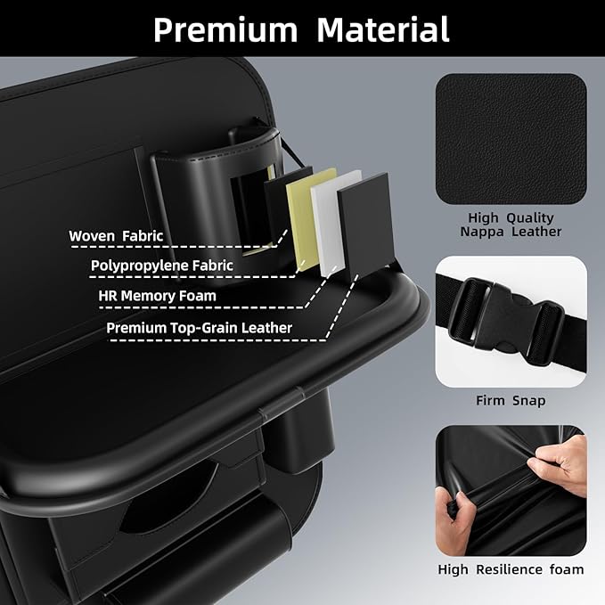 2 Pack Universal Premium Leather Foldable Car Backseat Organizer with Table Tray, Car Seat Back Protector with Garbage Bag Touch Screen Pad Holder, Car Kick Mats with Tissue Box (Black)