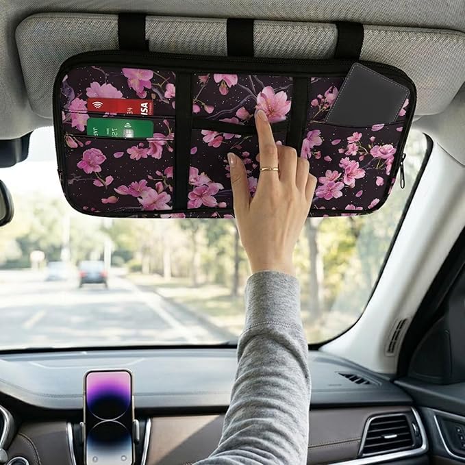 Cherry Blossom Car Visor Organizer for Women Car Visor Storage Pouch Holder Auto Interior Accessories Pocket Cars Truck SUV Storage Pouch Holder, with Multi-Pocket and Zipper