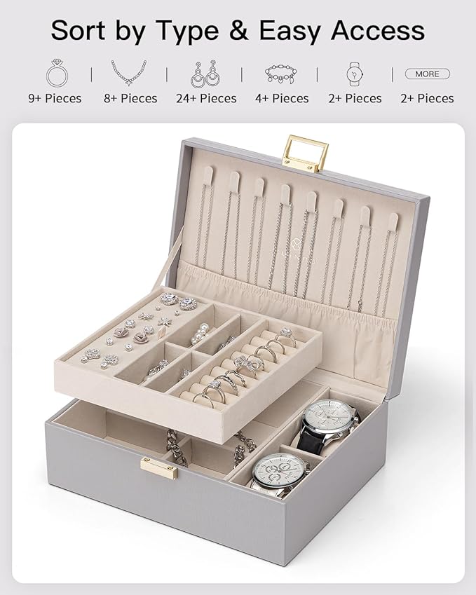 VLANDO 2 Layer Jewelry Box Large Jewelry Organizer for Women Removable Jewelery Tray with Watch Pillow for Necklace Earrings 