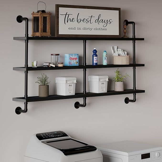 Industrial Pipe Shelving Rustic Black Pipe Wall Shelves Industrial Shelves with Wood Planks Floating Shelves 60 Inch Farmhous