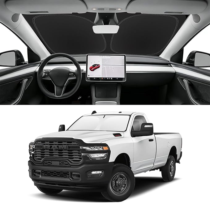 Custom Fit Windshield Sun Shade for RAM 2500 3500 2012-2026, Foldable Car Sunshade with Storage Bag, UV & Heat Reflector, Keeps Interior Cool
