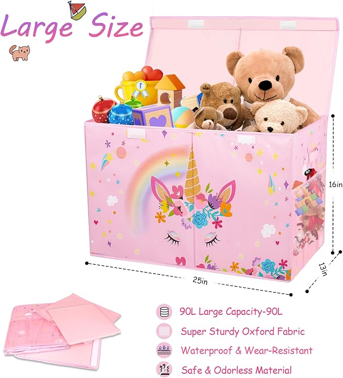 Mabahoo Large Toy Box, Collapsible Sturdy Kids Storage Organizer for Boys Girls, 25"x13"x16" Storage Box with Lids, Toy Chest
