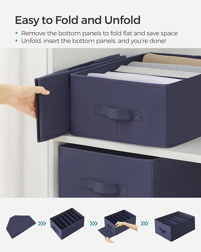 SONGMICS Set of 2 Large Size Wardrobe Clothes Organizers, 6-Compartment Foldable Drawer Organizers with Handles, 16.5 x 11.8 