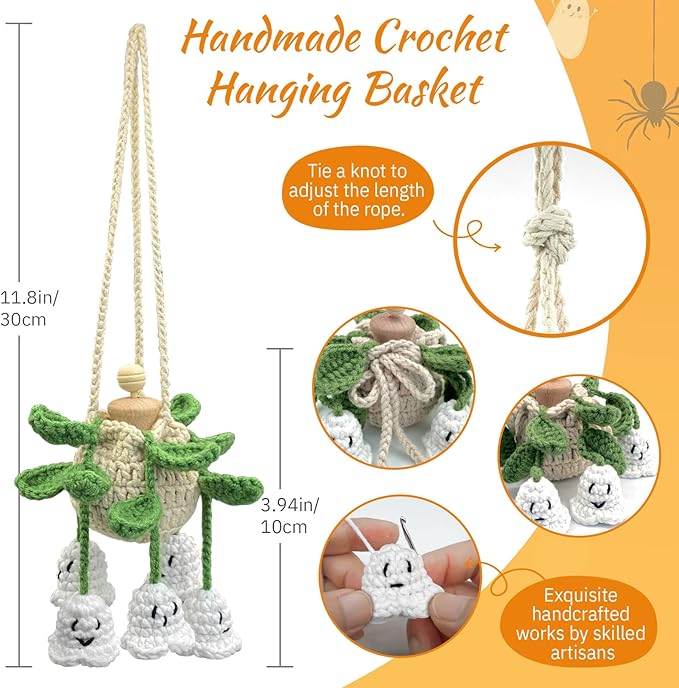 Crochet Glowing Ghost Car Air Freshener, Halloween Car Decor, 15ml Refillable Oil Diffuser Bottle with Hanging Crochet Decor 