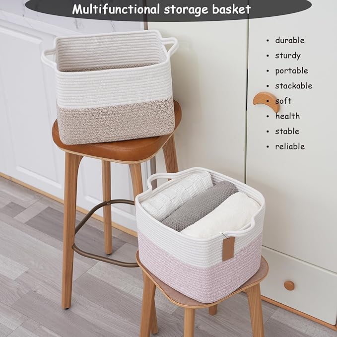 COMFY-HOMI 3PACK Cotton Rope Square baske with Handles for Shelves|Dog Toy baske Bin and Storage|Baby baske for Gift|Shoe bas