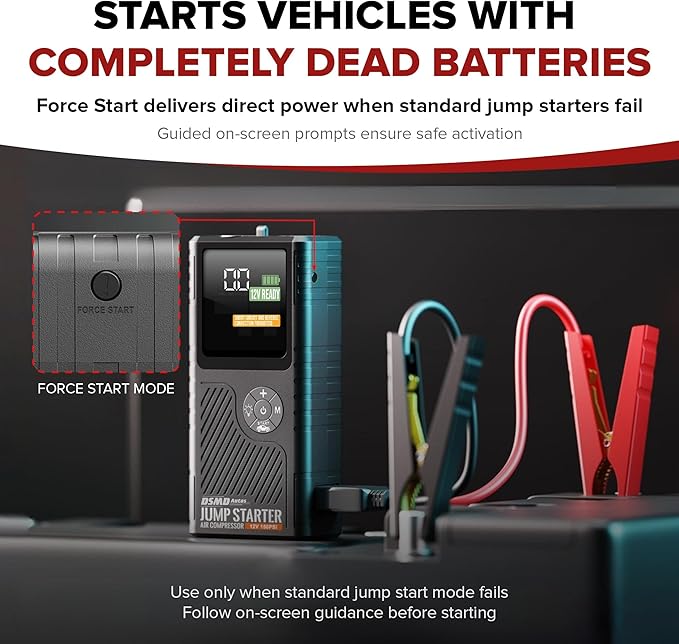 Jump Starter with Air Compressor, Portable Car Battery Jump Starter, 150 PSI Tire Inflator & Battery Booster - Starts