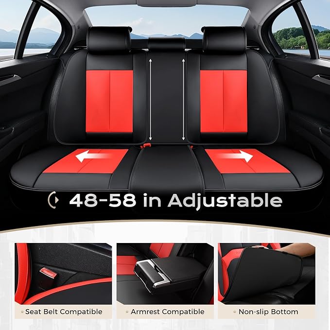 Coverado Leather Seat Covers Full Set, Black and Red Leather Car Seat Cover, Waterproof Car Seat Protector with Lumbar Suppor