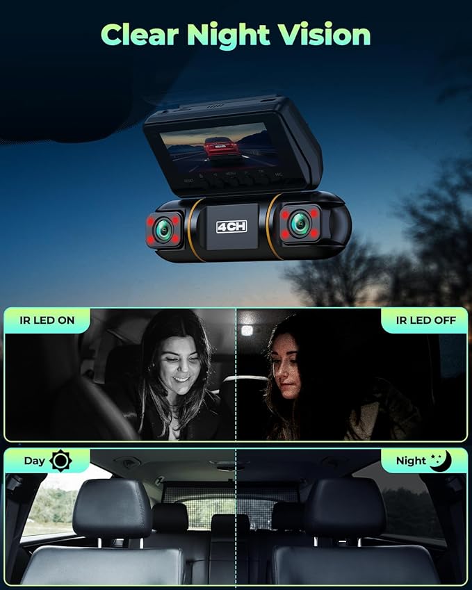 LAMTTO 4 Channel Dash Cam 360 View, 1080P Front and Rear Inside Left Right, Dash Camera for Cars with Hardwire Kit for 24h Se