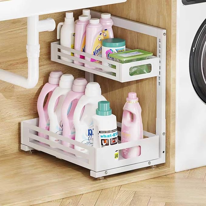 1 Pack Under Sink Organizer,Pull Out Cabinet Organizer with Smooth Cylindrical Rail,Metal Slide Out Drawer for Kitchen Bathro