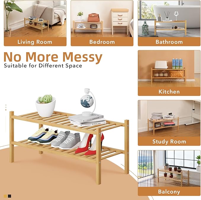 2 Tier Bamboo Shoe Rack Storage Organizer for Closet, Multifunctional Stackable Free Standing Shoe Shelf Organizer for Small 