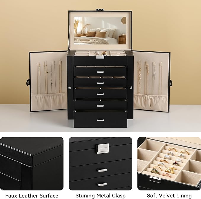 Frebeauty Large Jewelry Box,6-Tier PU Leather Jewelry Organizer,Multi-functional Storage Case with Mirror,Accessories Holder 