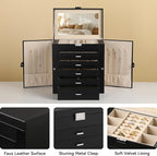 Frebeauty Large Jewelry Box,6-Tier PU Leather Jewelry Organizer,Multi-functional Storage Case with Mirror,Accessories Holder 