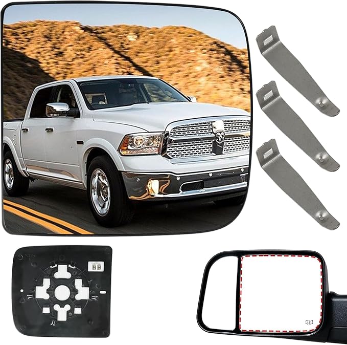 Driver Left Side Mirror Glass Replacement, 3-Tab Backplate ONLY, Compatible with Dodge/Ram 2010-2020 1500 2500 3500 (Not for 4-Tab), Heated Convex Left Side 68067729AA 68067727AA