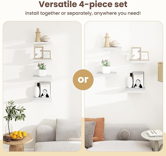 Fun Memories Floating Shelves for Wall - 7.5 Inch Square Shelves with Invisible Brackets, White Small Wall Shelf for Living R