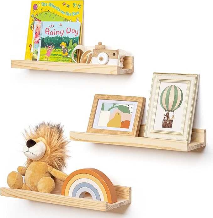 Picture Ledge Shelf for Wall, 16 inches Solid Pine Wood Nursery Book Shelves 3 Packs, Floating Ledge Shelves for Kids' Room B