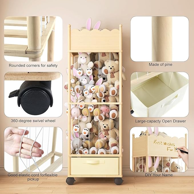 Wooden Stuffed Animal Storage Organizer with Wheels & Drawer – 3-Tier Plush Toy Zoo Holder for Kids Room, Nursery & Playroom 