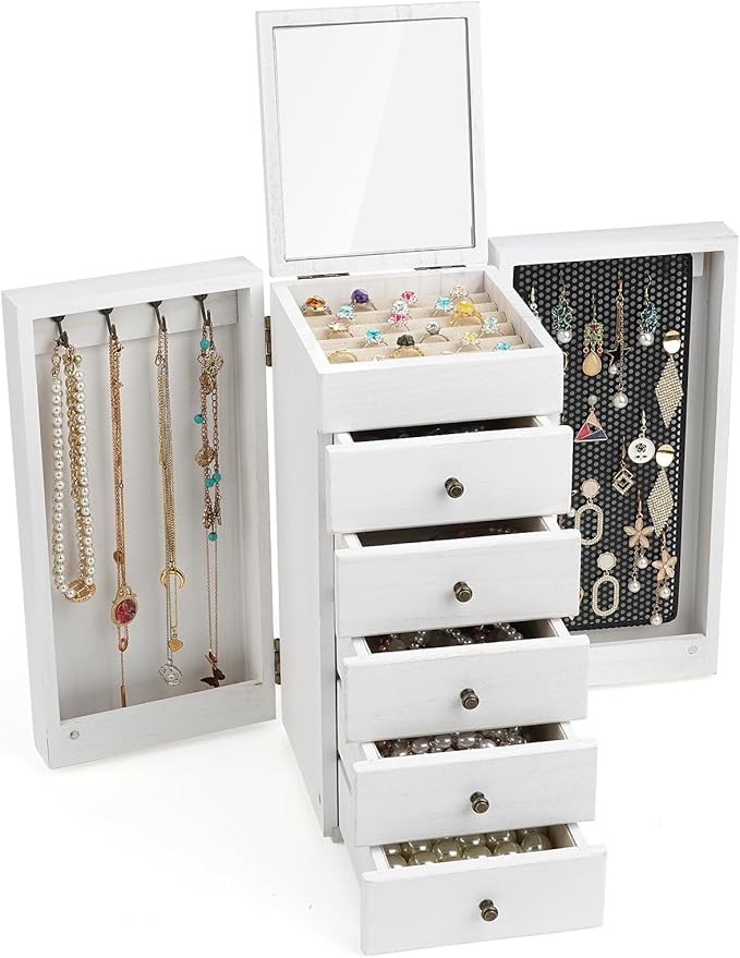 Meangood White Jewelry Box Wood for Women, 6-Layer Large Organizer Box with Mirror & 5 Drawers for Rings, Earrings, Necklaces