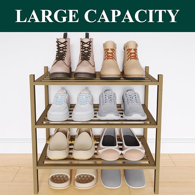 Smiry Small Bamboo Shoe Rack 3-Tier, Stackable Wooden Shoe Organizer for Entryway & Closet, Free Standing Wood Shoe Storage S