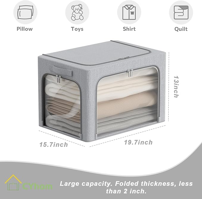 CYhom 3Pack Classic Stackable Foldable Storage Bin - Metal Frame Storage Box with Clear Window, Carry Handles (66L-19.7x15.7x
