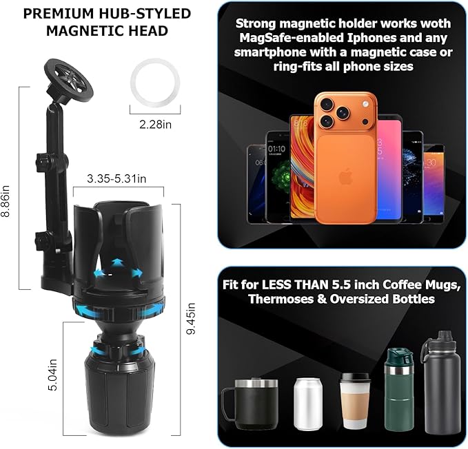Frani Car Cup Holder Expander with Magnetic Phone Mount - Adjustable Insert Fits 2.68-4.33" Holders, 360° Gooseneck & Strong 