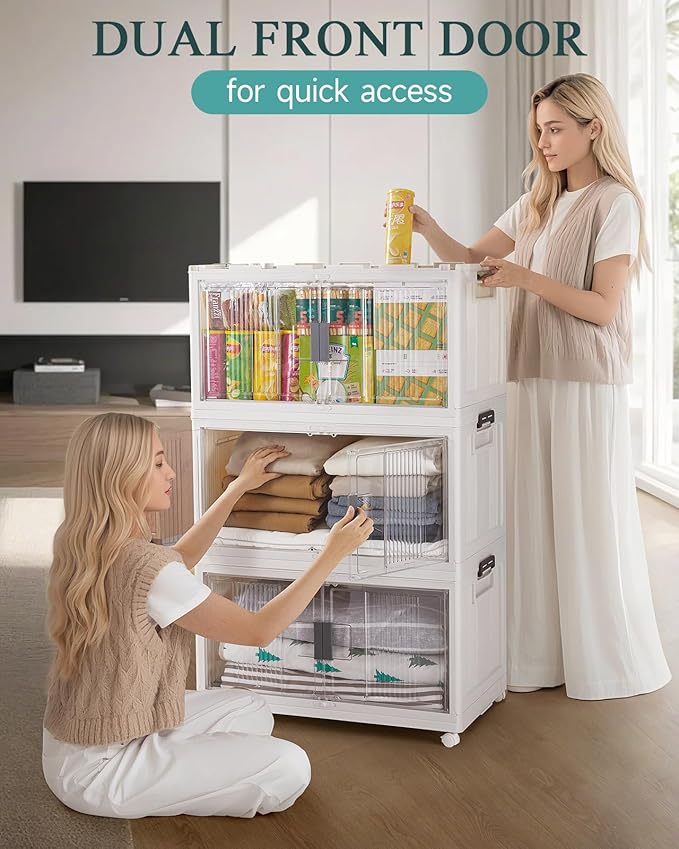 OlarHike 97QT Stackable Storage Bins with Lids - Folding Storage Box with Doors and Wheels, Collapsible Plastic Storage Drawe