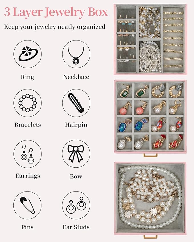 TORIBIO Jewelry Box for Women, Leather Jewelry Organizer with Mirror & Lock, 3-Tier Jewelry Storage Organizer with 2 Drawers 