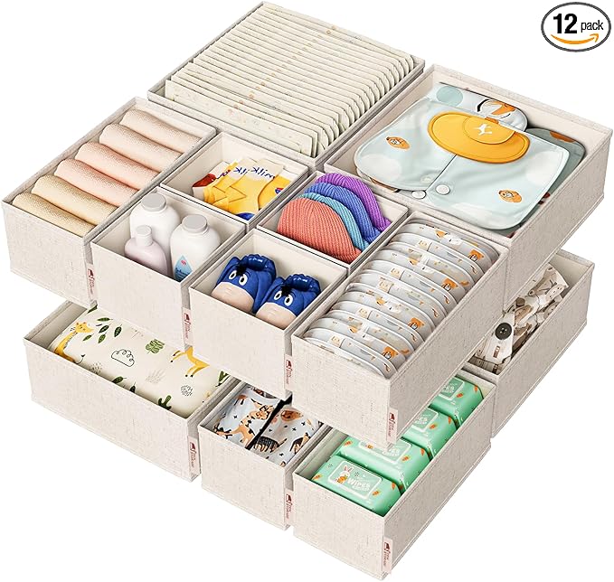 Cotton Linen Drawer Organizer for Baby Clothes, 12Pack Multi-Size Nursery Dresser Dividers for Clothes, Premium Foldable Stor
