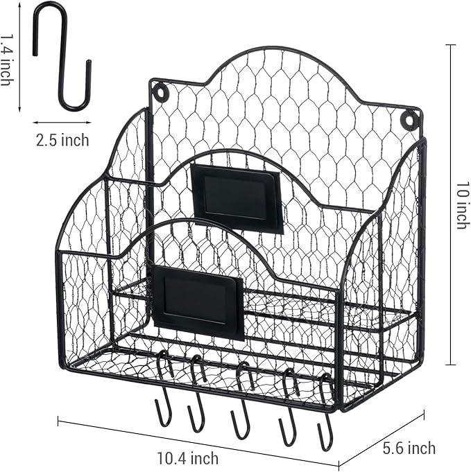 MyGift 2 Compartment Mail Inbox/Outbox Sorter, Wall Mounted Modern Black Metal Wire Entryway Organizer Basket for Mails, Bill