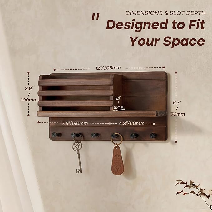 Rebee Vision Pine Wood Key Holder Wall Mount - Farmhouse Mail and Key Holder for Wall with Floating Shelf & 6 Hooks - Decorat