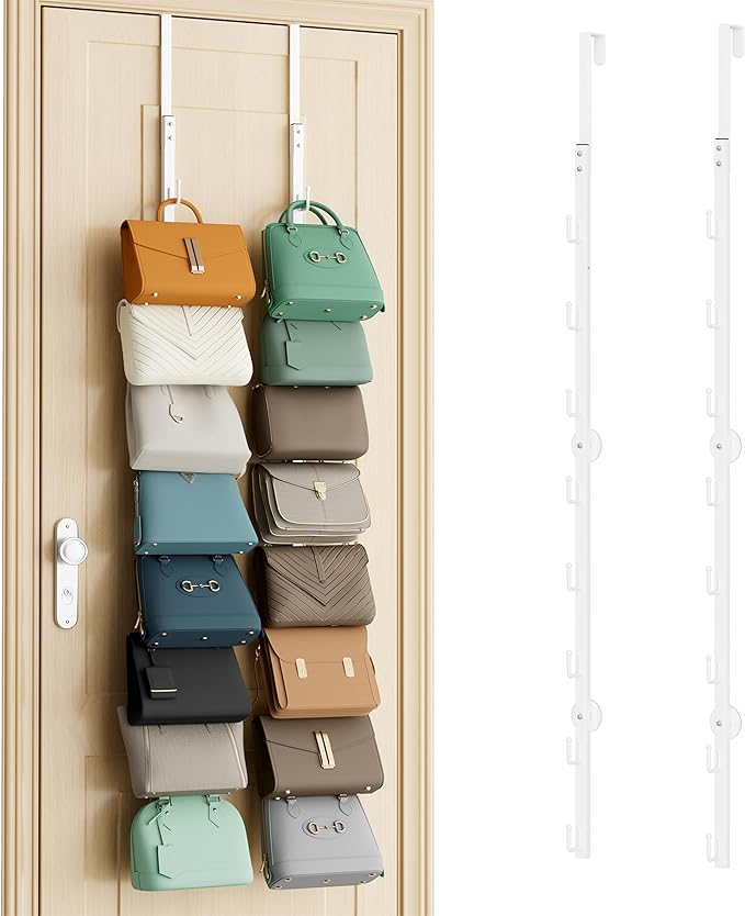SWTYMIKI Over the Door Purse Organizer - 2 Packs Wall Mounted Purse Rack with 8 Hooks Design, Hanging Handbag Organizer Stora