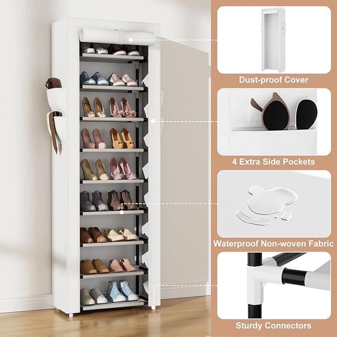 VILICK Shoe Rack with Cover Narrow Shoe Rack Organizer with 4 Side Pockets 10 Tier Tall Shoe Storage Shoe Shelf Holds 18-22 P