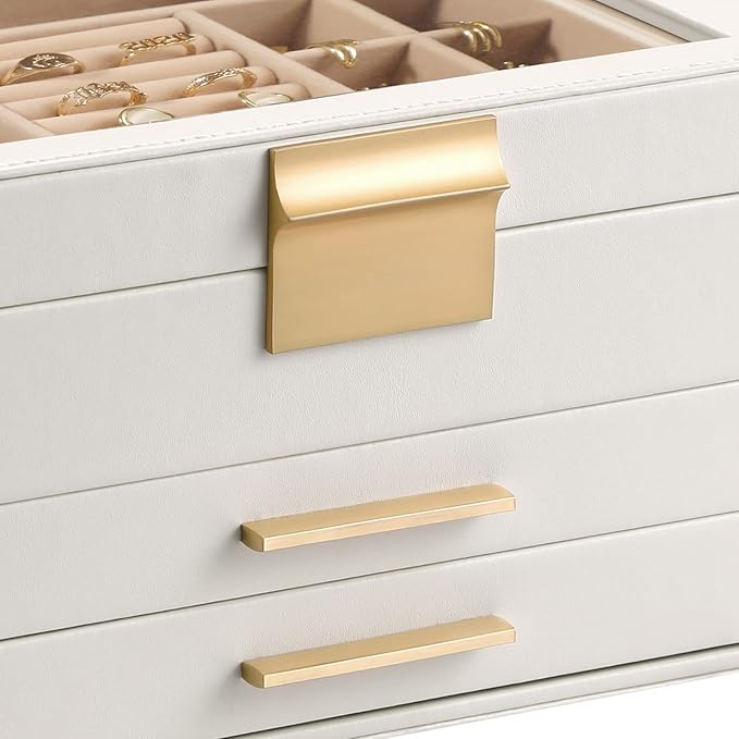 Somduy Jewelry Box Organizer for Women,3 Layers PU Leather Jewelry Storage Display Box with Glass Lid,Gift for people,3 Drawe