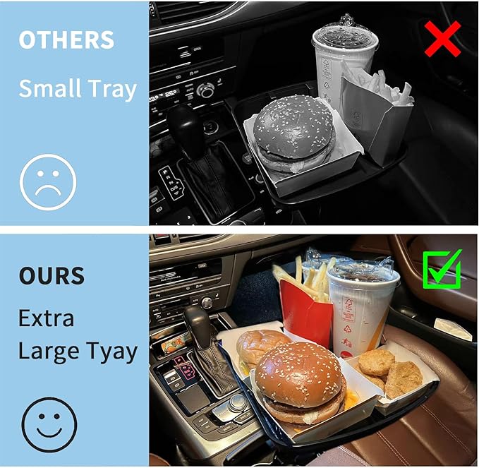 Kelofam Larger Cup Holder Tray, 10 inch Car Food Tray for Eating, Detachable 3 in 1 Car Cup Holder Expander and 360° Rotating
