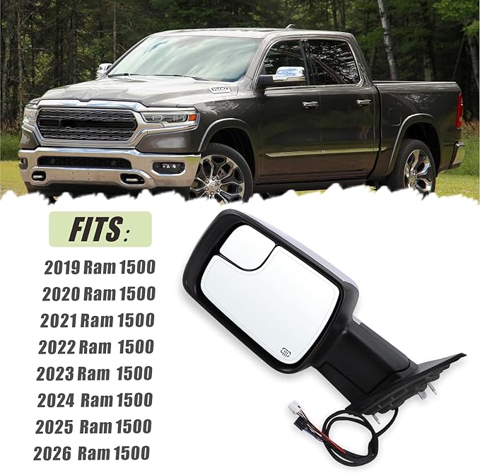 Left Driver Side Mirror Compatible With 2019 2020 2021 2022 2023 2024 2025 2026 Ram 1500 With Power Folding Heated Turn Signal Puddle Light Temperature Sensor Chrome Replace#68462769AB(8+6Pins)
