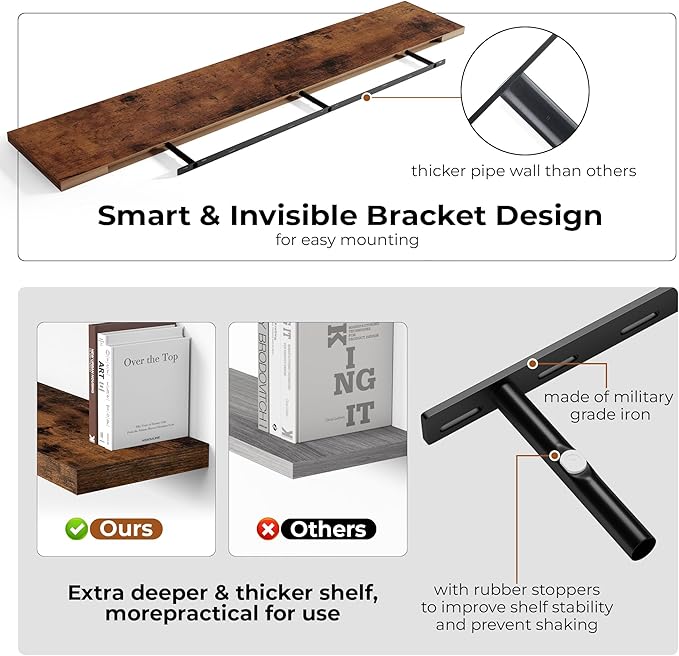 Fun Memories 66 Inch Fireplace Mantel Shelf with Invisible Bracket, 8 Inch Deep Floating Shelf for Living Room, Kitchen, Farm
