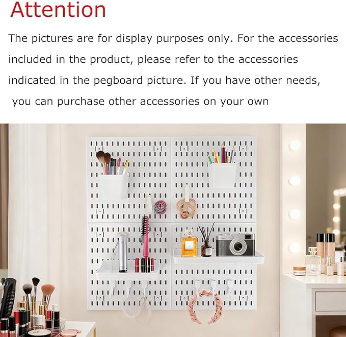 PSLER White Peg Board 4pcs 12″×12″ White Peg Board Organizer with Accessories &Hooks